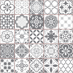 Modèle vectoriel de carreaux Azulejo géométriques de Lisbonne, mosaïque de carreaux rétro portugais ou espagnols, design méditerranéen gris et blanc sans couture