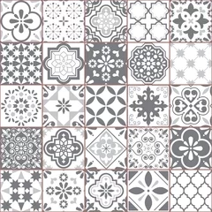 Plaid avec motif Portugal carreaux de céramique Modèle vectoriel de carreaux Azulejo géométriques de Lisbonne, mosaïque de carreaux rétro portugais ou espagnols, design méditerranéen gris et blanc sans couture