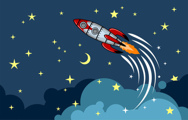 Naklejka premium Rocket flying in space among the stars and clouds