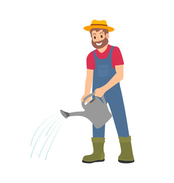 Farmer with Watering Can Working on Farm Cartoon