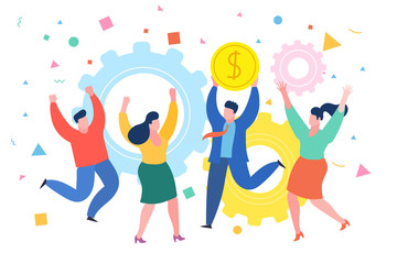 Mini people business concept. Successful businessman celebrates success with colleagues. Business concept of success, achievement, wealth.