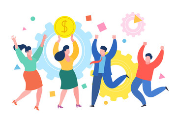 Mini people business concept. Successful business woman celebrates success with colleagues. Business concept of success, achievement, wealth.