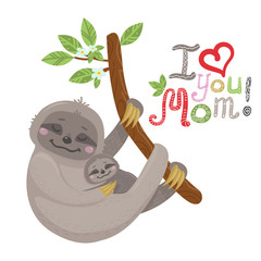 Vector Cute cartoon mother sloth with baby hanging on a tree