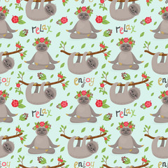 Seamless pattern with cute sloths relaxing on tropical lianas branches.