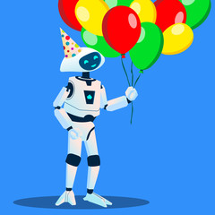 Robot Have Fun With Balloons In Hand And Festive Cap On Head Vector. Isolated Illustration