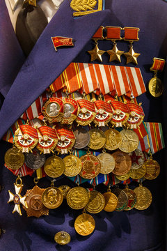 Different awards, orders and medals on the russian army uniform. Memory of awards and medals of World War II and Great Patriot War