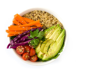 Vegan Buddha bowl with fresh raw vegetables and quinoa isolated on white background. Top view. Copyspace