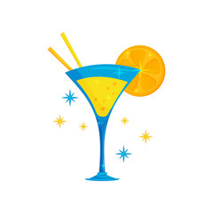 Flat vector icon of tasty Brazilian cocktail. Glass of delicious drink with slice of orange and drinking straws