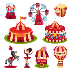 Flat vector set of circus icons. Carousels, circus tent, air balloon fast food. Elements for poster or flyer