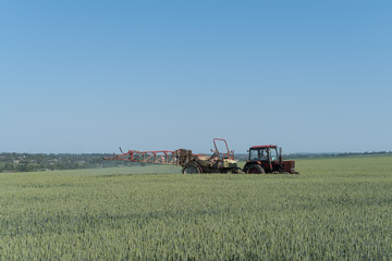 Fototapeta premium Farmer spraying pesticides in green wheat field