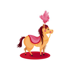 Small circus horse with pink saddle and feathers on head. Trained animal. Entertainment theme. Flat vector icon