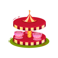 Flat vector icon of merry-go-round. Children carousel with pink cups. Circus and family entertainment theme