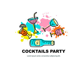 Vector illustration with cocktail glasses, bottle and paint splashes. Template for bar menu, party, alcohol drinks, holidays, flyer, web, poster, banner. Flat and line style vector illustration