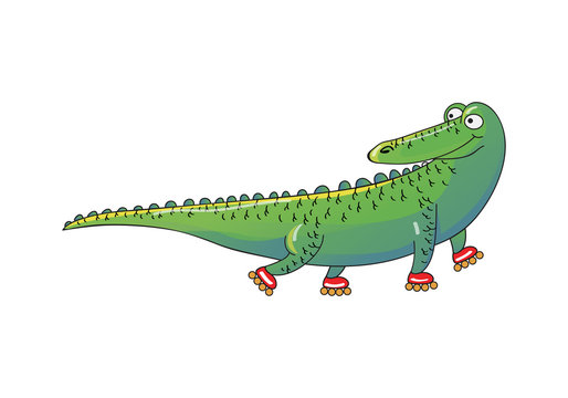 Green crocodile riding roller-skates. Humanized animal. Funny alligator. Cartoon vector design