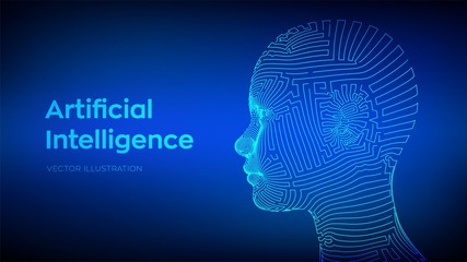 AI. Artificial intelligence concept. Ai digital brain. Abstract digital human face. Human head in robot digital computer interpretation. Robotics concept. Wireframe head concept. Vector illustration.