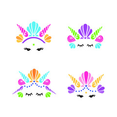 Vector set with Mermaid logo. Mermaid face with crown for invitation, birthday, greetings, party, baby shop, t-shirt design.