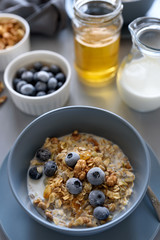 Granola bowl (oatmeal porridge) with blueberry, honey and milk on gray table. Flat lay. Selective focus. Healthy vegetarian food