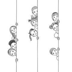 Hand drawn illustration of young and diverse children looking around the corner