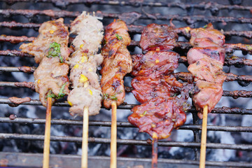 BBQ pork on the grill,street food Thailand.outdoor kitchen. food festival in city. tasty food roasting on skewers