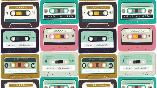 Motion illustration. Old audio cassette background. Moving bright cartoon mix tapes. Retro wave 2D animation. Perfect background for back to 80s 90s nostalgical party, music event, festival, blog.