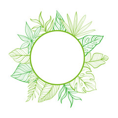 Round frame with tropical leaves. Template for your postcard. Hand-drawn linear illustration.