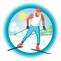  Young Athlete is skiing in competitions in the forest, winter landscape. Round logo, vector illustration
