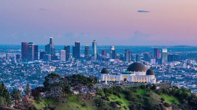 Time Lapse -  Los Angeles Skyline at Dusk Panorama and Griffith Park Observatory in the Foreground, California, USA