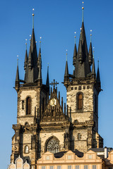 Fototapeta na wymiar Prague city, Czech Republic. Old Town, Staromestska square, Church of our Lady Tyn