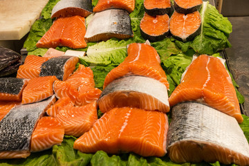 Salmon fish fillet on the counter