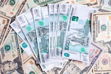 Closeup lot of american dollar and euro banknotes, cash. Concept leap, fall, rate, currency exchange, debt, profit, loss, sanctions, appreciation of goods, inflation