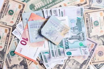 Fototapeta na wymiar Closeup lot of american dollar and euro banknotes, cash. Concept leap, fall, rate, currency exchange, debt, profit, loss, sanctions, appreciation of goods, inflation