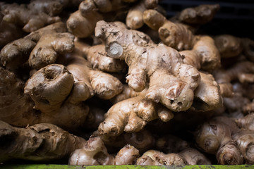 Close up of a fresh ginger on display