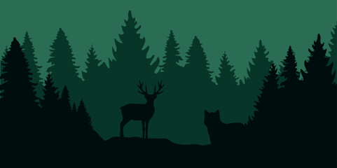wolf is watching deer in the forest by night vector illustration EPS10