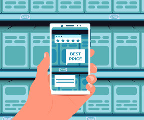 Augmented reality application for purchases. Additional information about the product on the smartphone screen. Hand with a smartphone on the background of shelves in the store. Vector illustration.