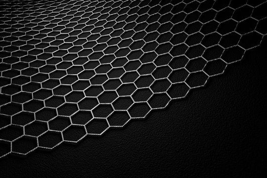 3D rendering of graphene surface, grey bonds with carbon structure, glossy surface