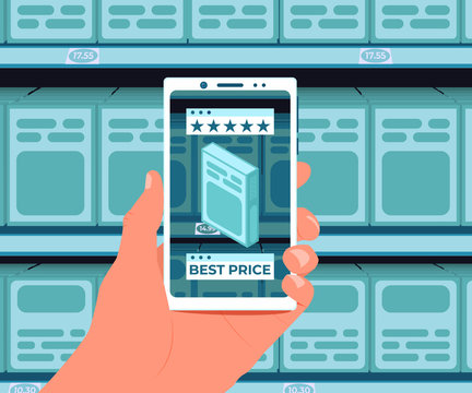Augmented reality application for purchases. Additional information about the product on the smartphone screen. Hand with a smartphone on the background of shelves in the store. Vector illustration.