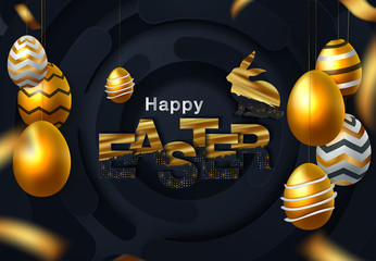 Happy Easter background with realistic golden decorated eggs