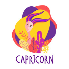 Cartoon illustration of zodiac sign Capricorn as a beautiful woman. Horoscope for girl.