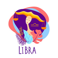 Cartoon illustration of zodiac sign Libra as a beautiful woman. Horoscope for girl.
