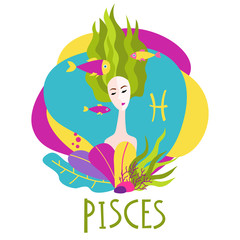 Cartoon illustration of zodiac sign Pisces as a beautiful woman. Horoscope for girl.