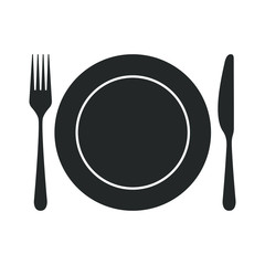 Tableware icon. Isolated sign plate, fork and knife on white background. Vector illustration.