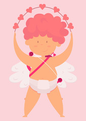 Cupid holds the hearts in his hands. Boy angel with bow and arrow. Valentine's Day,Vector image, cartoon character