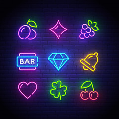 Game icons for casino. Icon from slot machine. Slot neon sign. Casino, Slot machine, Gambling. Vector Illustration