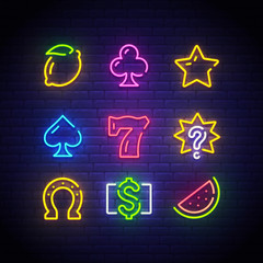 Game icons for casino. Icon from slot machine. Slot neon sign. Casino, Slot machine, Gambling. Vector Illustration