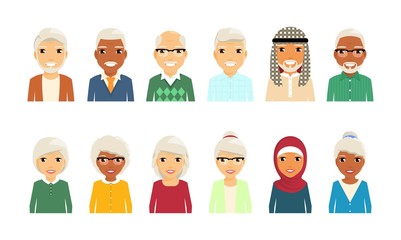 A group of old men, men and women in portrait style. Set of different nationalities. In flat style on white background. Cartoon.