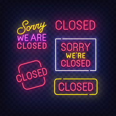 Isolated neon sign set. Closed sign, label, emblem. Bright signboard, light banner. Vector illustration