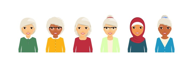 A group of old women. Portrait style. Set of different women, retirement age. In flat style on white background. Cartoon.