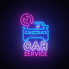 Car Service neon sign, bright signboard, light banner. Car Service logo neon, emblem. Vector illustration