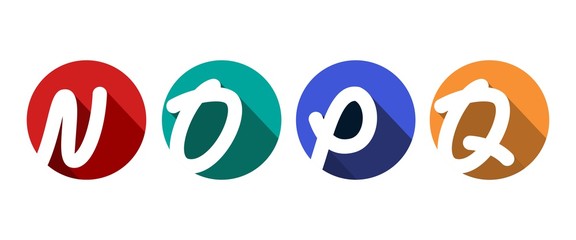 Creative capital letters N, O, P, Q inscribed in a circle with falling shadows. For your monogram, logo, emblem. Flat design. Four color palettes