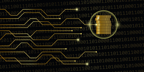digital currency on golden binary code with coins vector illustration EPS10